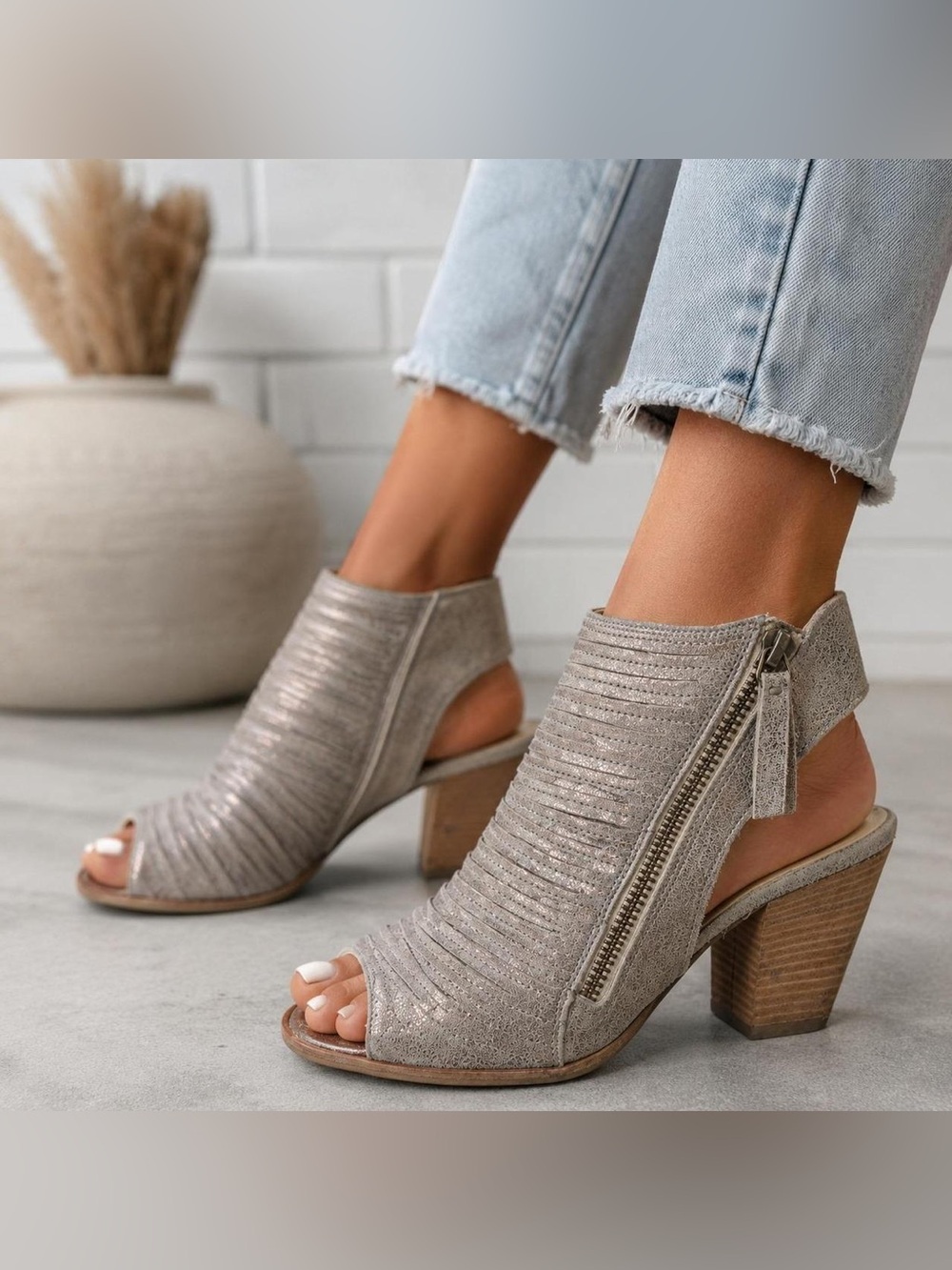 PAUL GREEN CAYANNE SMOKE BRUSHED METALLIC PEEP TOE SANDAL BOOTIES 9 US 6.5 UK